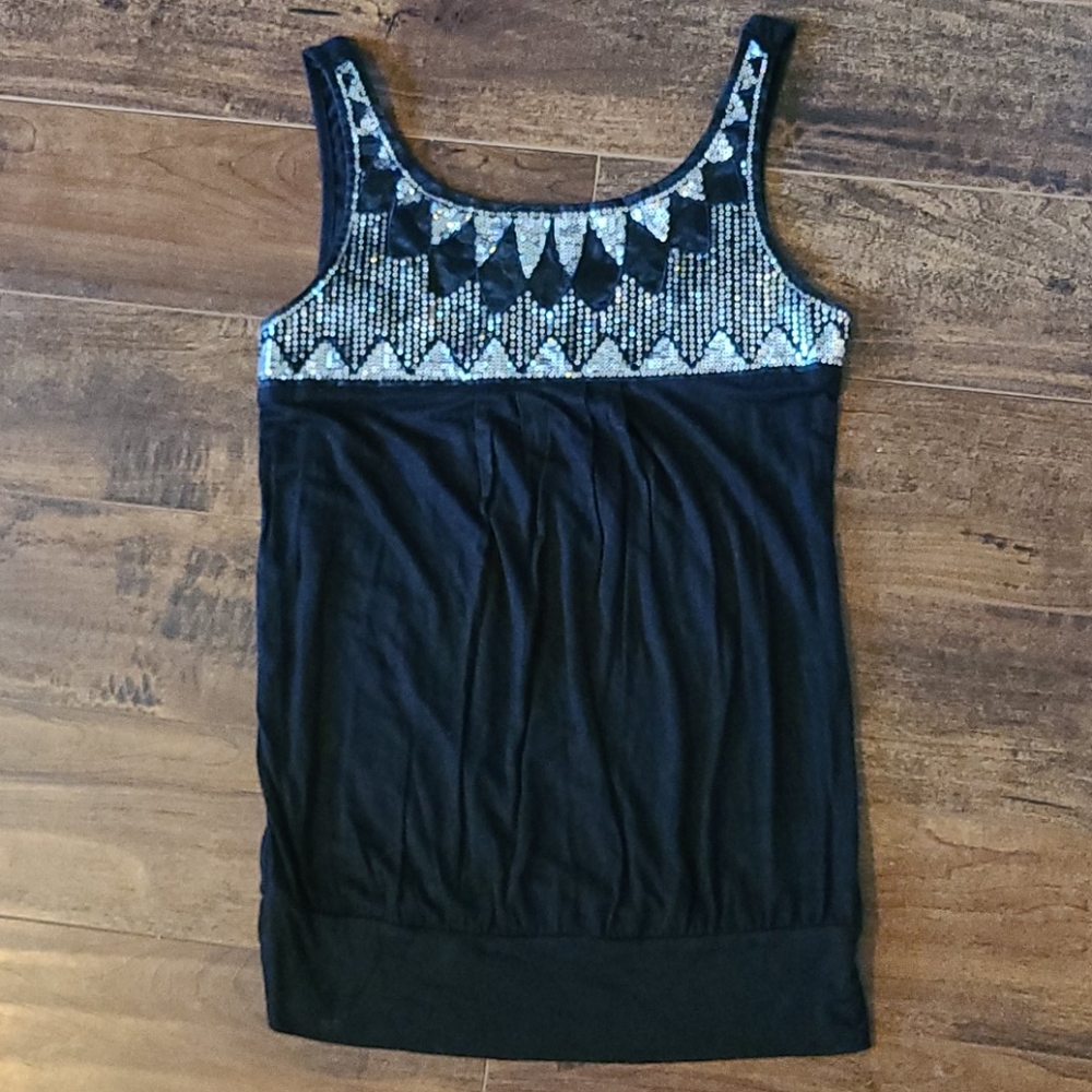 Studio Y black Jersey fabric tank topped with w/silver sequins
